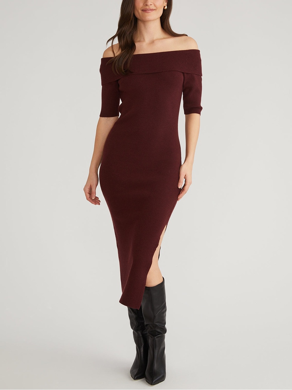 525 America One-Shoulder Ribbed Midi Dress in Burgundy